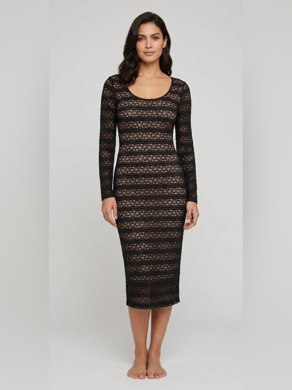BCBGMAXAZRIA Black Lace Long‎ Sleeve Dress Nude Lining XXE68B05 Sz S NWT